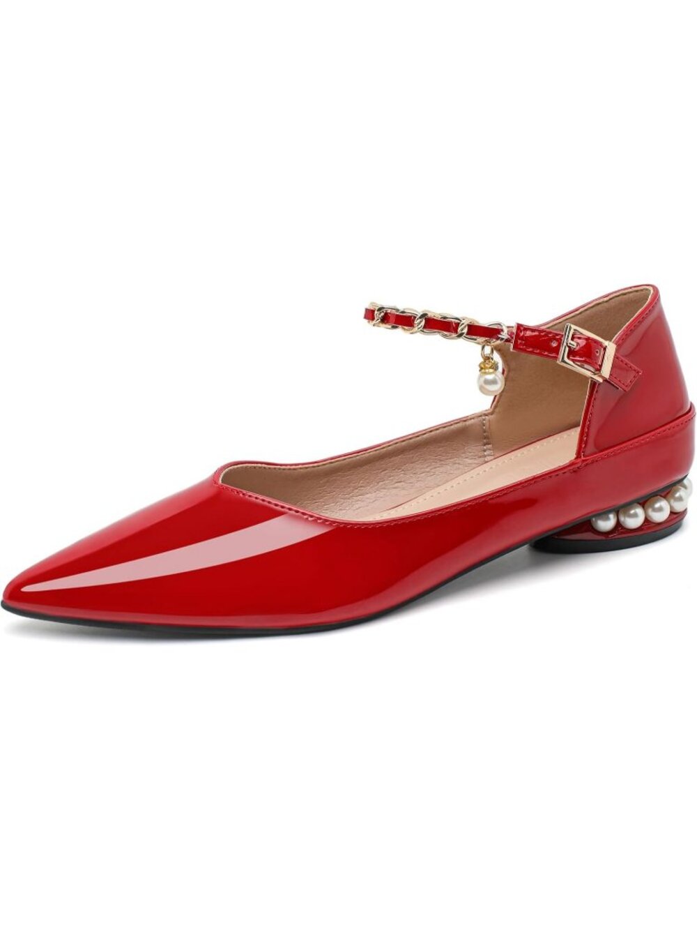Women's Red Rhinestone Pointed Toe Non Slip Comfort Breathable Mary Jane Flats - Picture 2 of 5